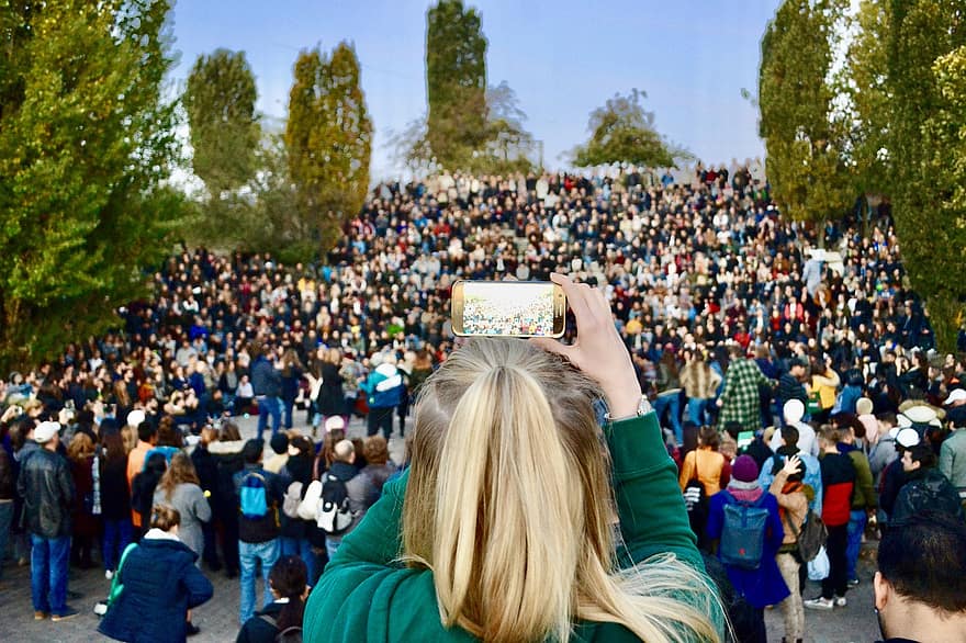 gent, multitud, càmera, mòbil, pantalla, arbres, parc, Berlín, Alemanya, mauerpark, a l'aire lliure
