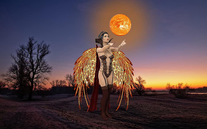 kobieta, anioł, zachód słońca, Fantazja, słońce, skrzydełka, skrzydła anioła, Płeć żeńska, Kobieta Avatar, postać, surrealistyczny