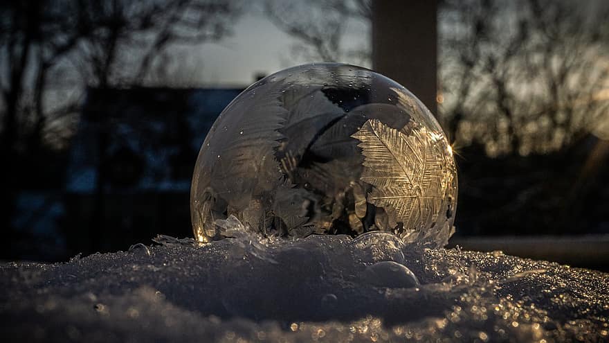 bubbel, bevroren, sneeuw, licht, ijs-, ijskristallen, vorst, winter, zeepbel, bal, koude