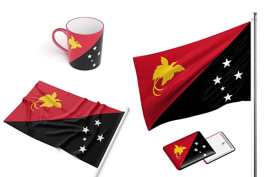Papua Nova Guiné, país, bandeira, Distintivo de Pin, caneca, copo, mastro de bandeira, bandeira nacional, símbolo, independência, dia Nacional