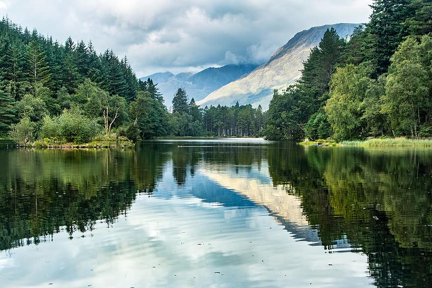 ežeras, medžiai, miškas, kalnai, Lochan, aukštumos, pobūdį, kraštovaizdį, aukštumos ir salos, glencoe, Balachulišas