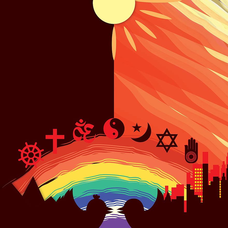 विविधता में एकता, प्यार के सभी रूप, वैश्विक एकता, सामुदायिक कनेक्शन, सार सिल्हूट, परे, मल्टी धर्म, सूरज चंद्रमा, दिन रात, सादा पैटर्न, धर्म कर्म
