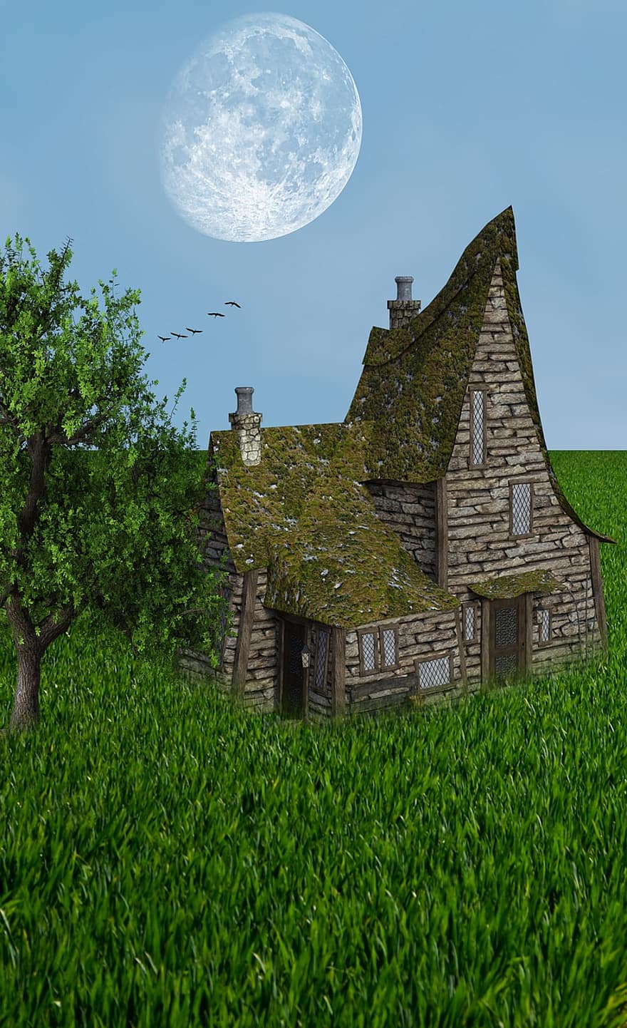 Nature, House, Rural, Rustic, Grass, Field, Moon, Calm, The Moon, Take It Easy, Green