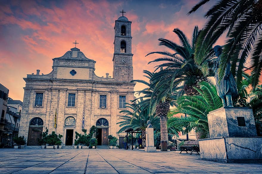 Church, Architecture, Facade, Statue, Palm Trees, Tower, Bell Tower, Building, Greek, Orthodox, Historical