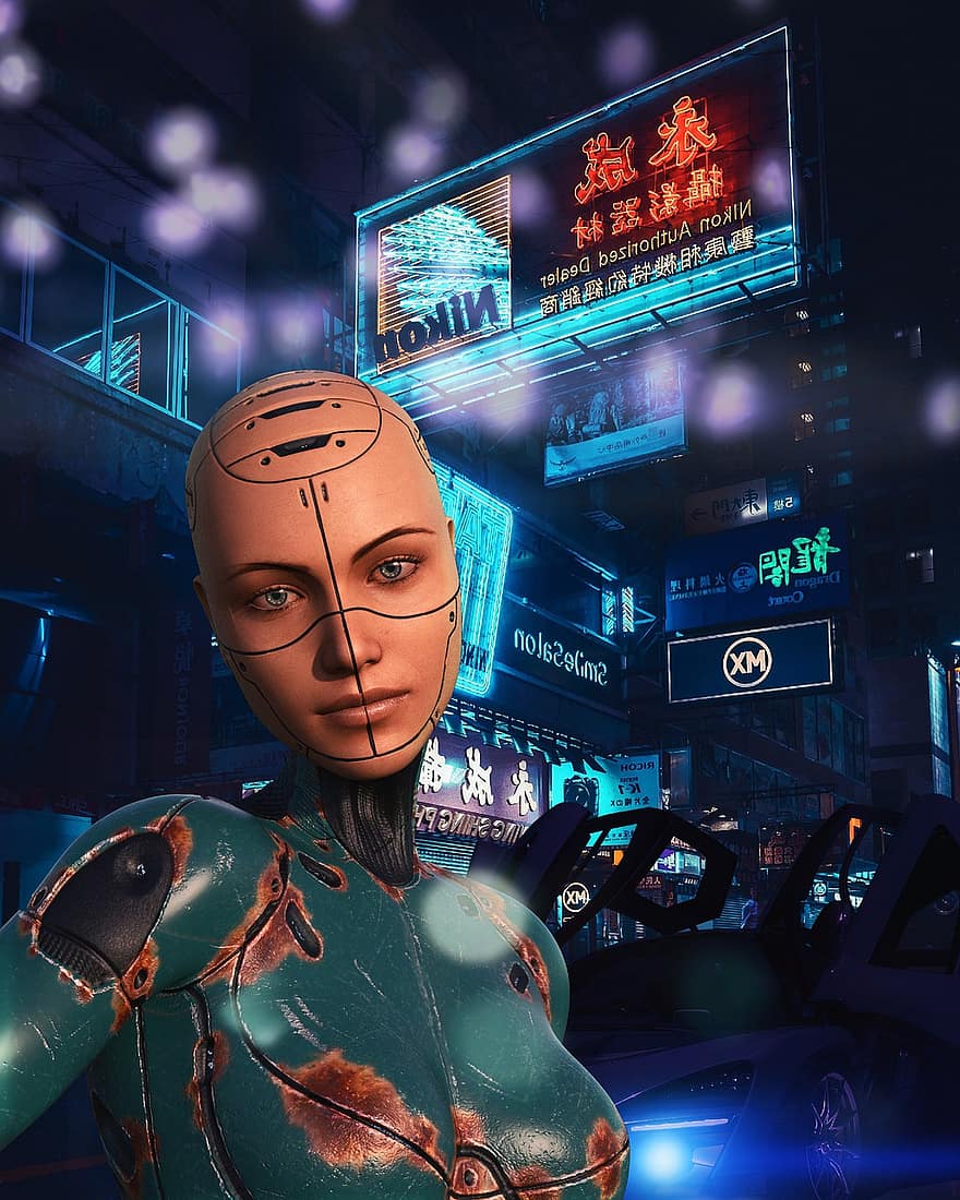 Жена робот, селфи, град, нощ, светлини, осветени знаци, неон, Ciber, футуризъм, Научнофантастична сцена, сгради