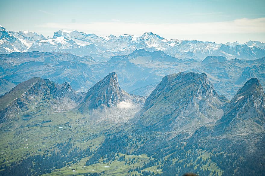 bjerge, Alperne, topmøde, skyer, natur, landskab, bjerg, bjergtop, sne, bjergkæde, græs