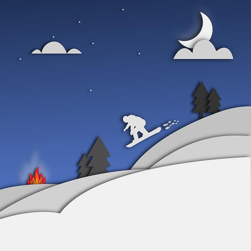 esquiar, inverno, corte de papel, noite, esqui, neve, lua, fogueira, céu noturno, nuvens, estrelas