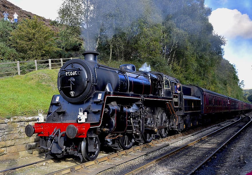 паровой двигатель, поезд, Станция Goathland, Йоркшир, Англия, Br Standard 4mt Нет, 76079, 2-6-0, Aidenfield, пар, паровоз