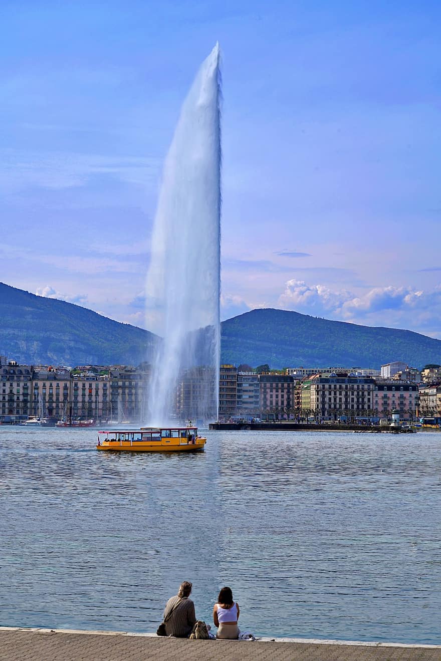 vízsugár, Mont Blanc, Genfi-tó, tó, genfi-tó, hajó, párosít, víz, utazás, híres hely, városkép