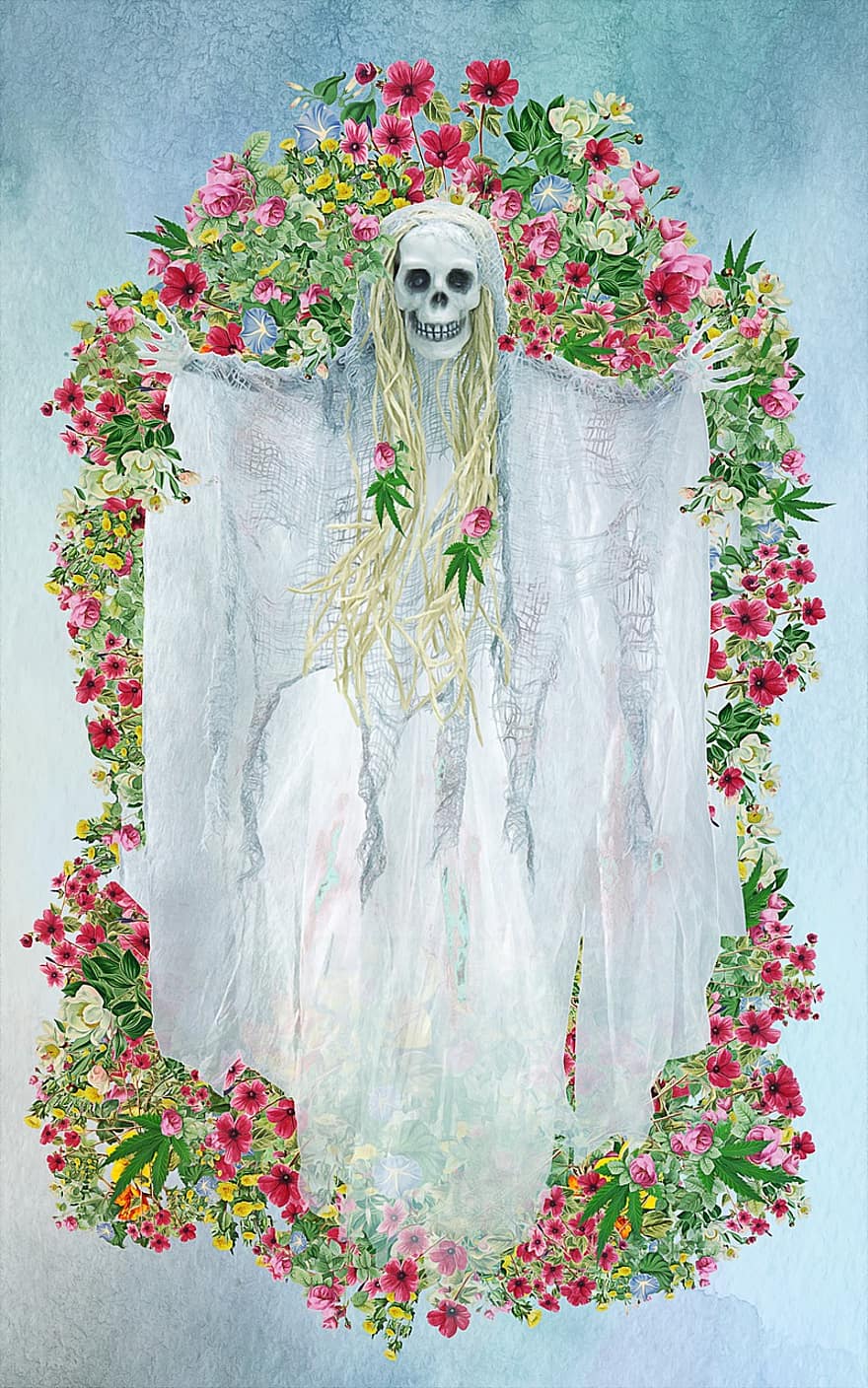 skeletas, vaiduoklis, gėlės, akvarelė, kaukolė, Helovinas, mirtis, paranormalus, kaulai, moteris, fantomas