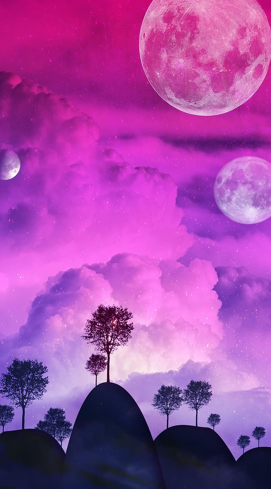 planet, måne, rymden, moln, universum, natt, stjärna, galax, träd, bakgrunder, astronomi