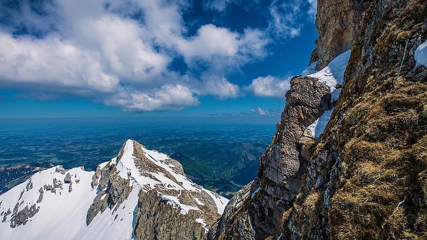 säntis, appenzell, góry, krajobraz, Jezioro Bodeńskie, alpejski, alm, Szwajcaria, panorama, skała, niebo