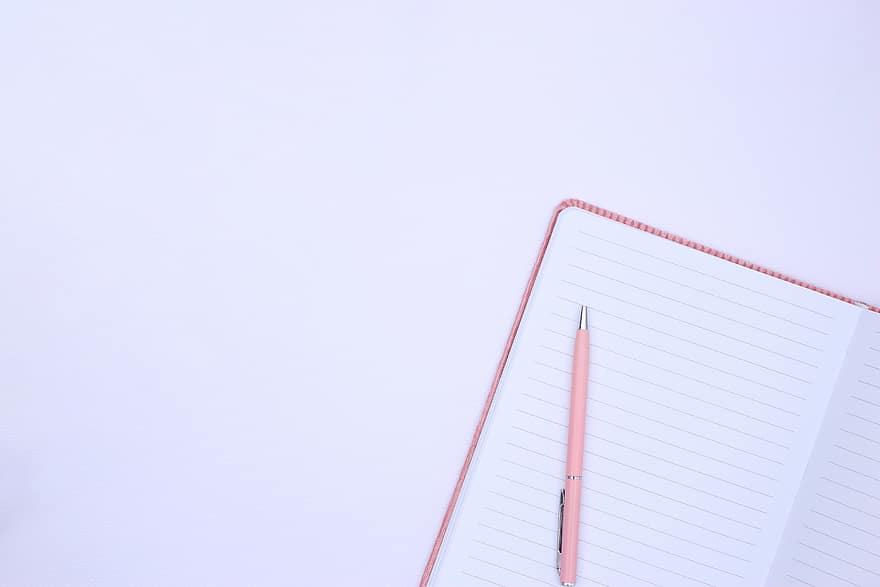 notebook, desk, above, view, flat lay, blank, pen, paper, white, background, workplace