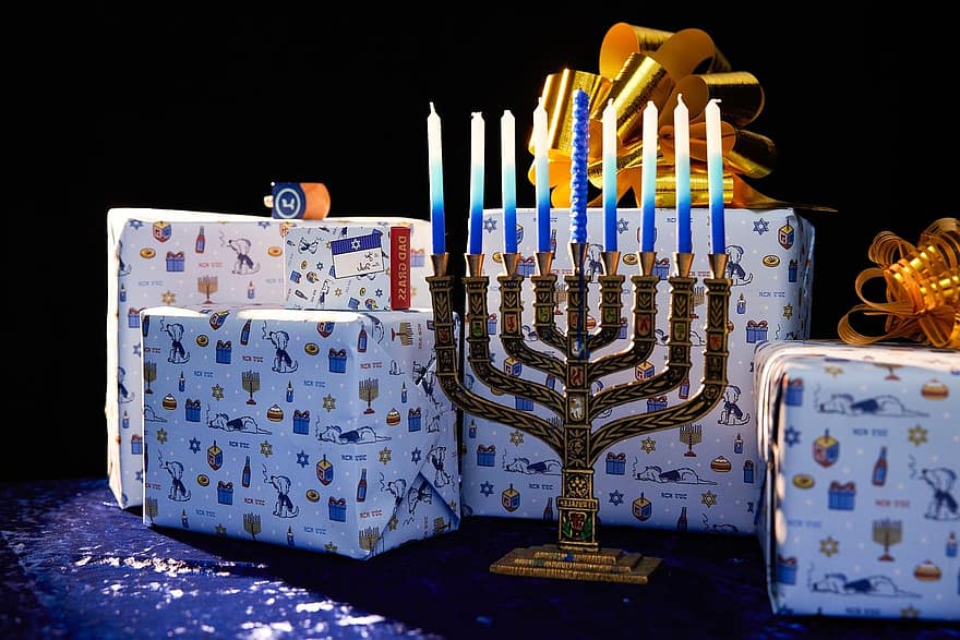 Hanukkah, ferie, stearinlys, jødisk, dekoration, menorah, gaver, indretning