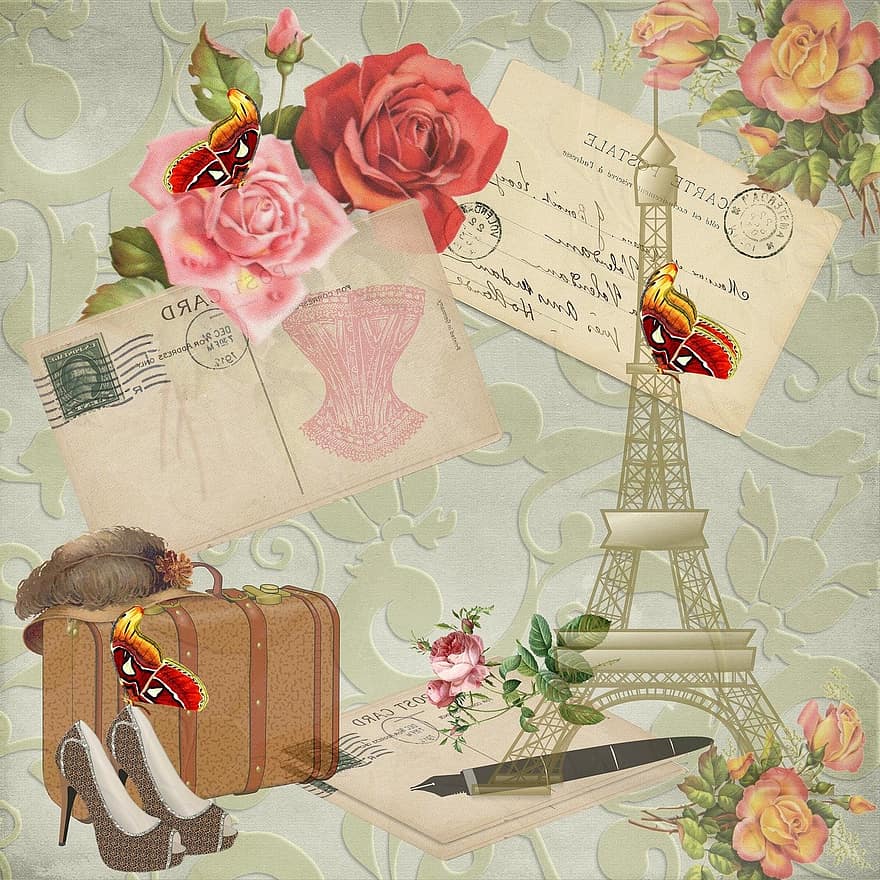 årgang, victorian, papir, scrapbooking, sko, kuffert, Eiffeltårnet, tårn, roser, sommerfugl, postkort