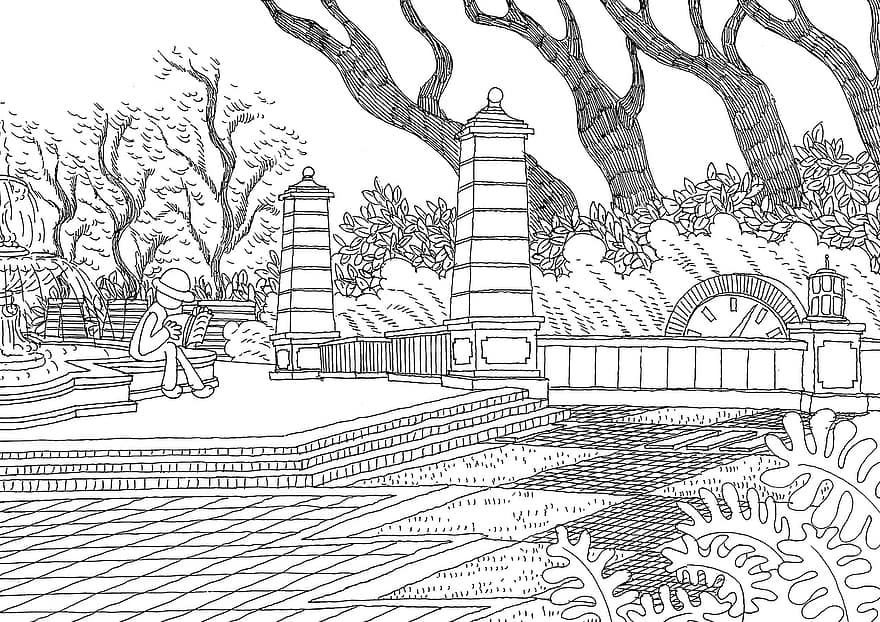 Park, Courtyard, Garden, Drawing, Line Art, Coloring Page, illustration, vector, art product, tree, sketch