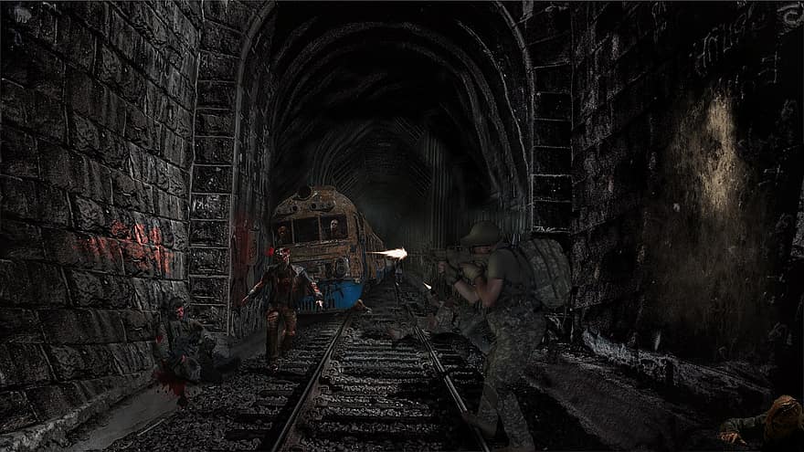 зомби, тунел, тъмен, пасаж, сянка, железници, машина, инж, смърт, войник, риск