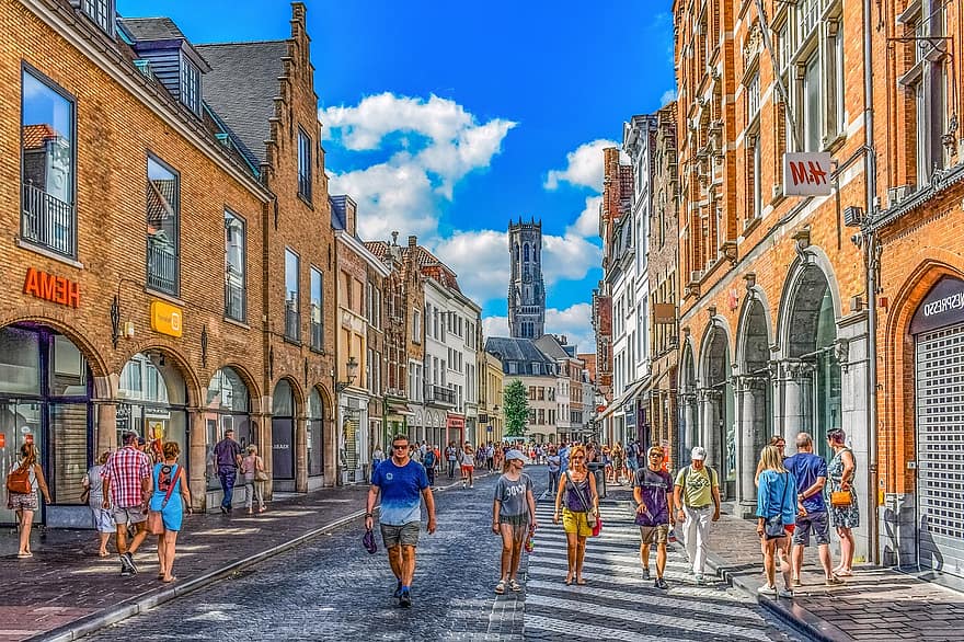 stradă, arhitectură, clădiri, oraș, Belgia, istoricește, idilic, pitoresc, turism, vară, oameni