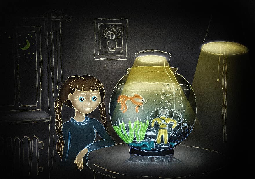 аквариум, вечер, момиче, златна рибка, водолаз, аквариумни риби, риба, стая, илюстрация