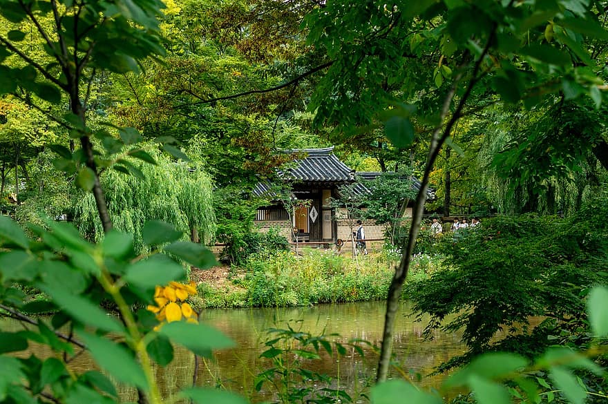 hanok, Minseokchon, aldeia, Seul, parque, rio, arvoredos, arvores, Os arbustos, arbustos, casa tradicional