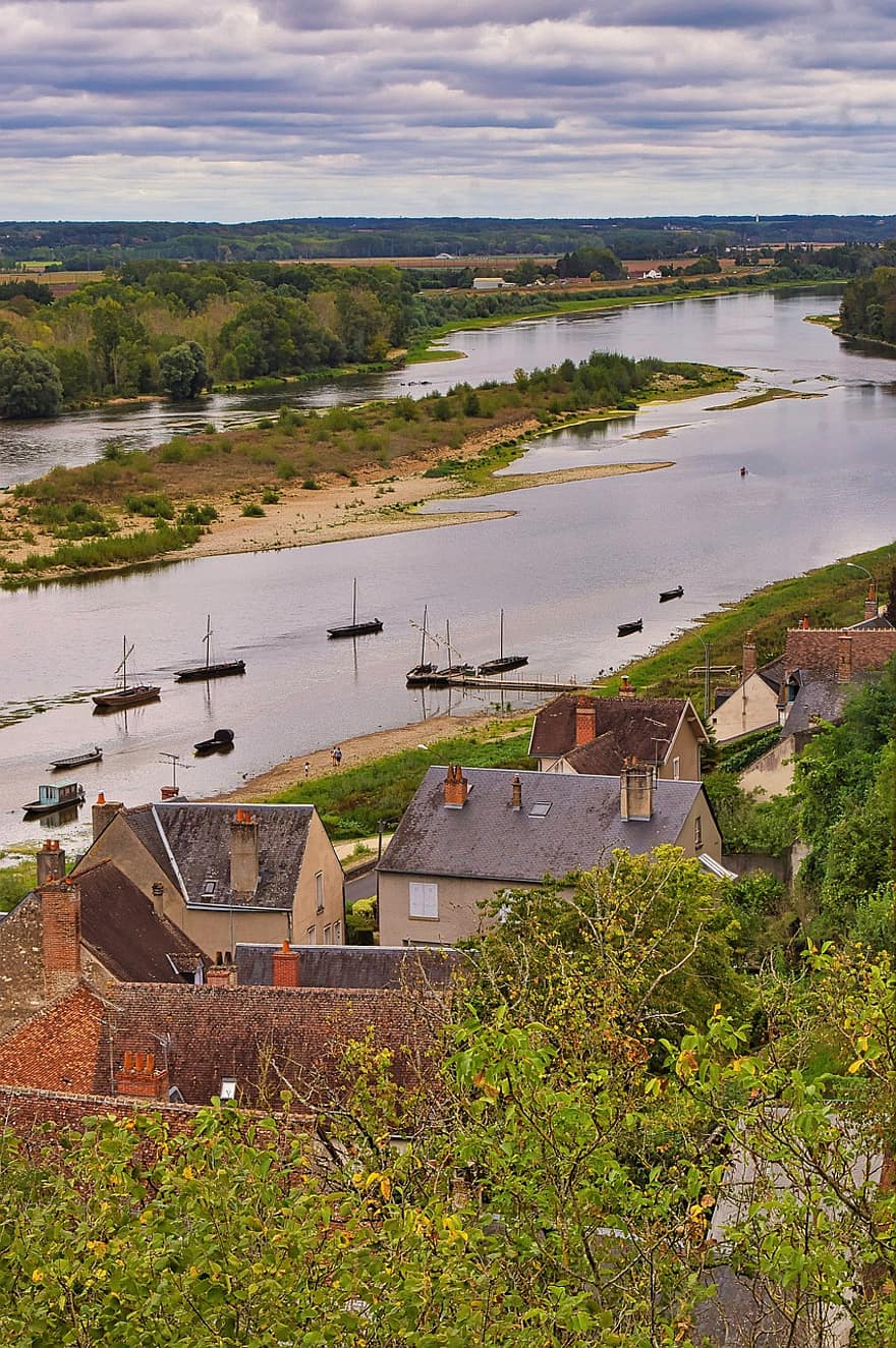 loire, folyó, város, csónak, ház, vidéki táj, Chaumont-sur-Loire, Loir-et-Cher, Centre-val De Loire