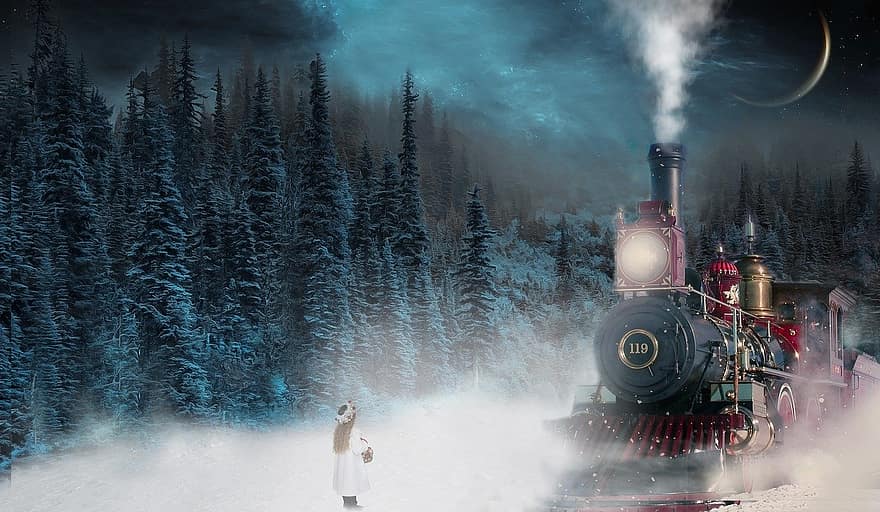 дівчина, локомотив, сніг, фантазія, ліс, зима, дерево, гірський, технології, пар, навколишнє середовище
