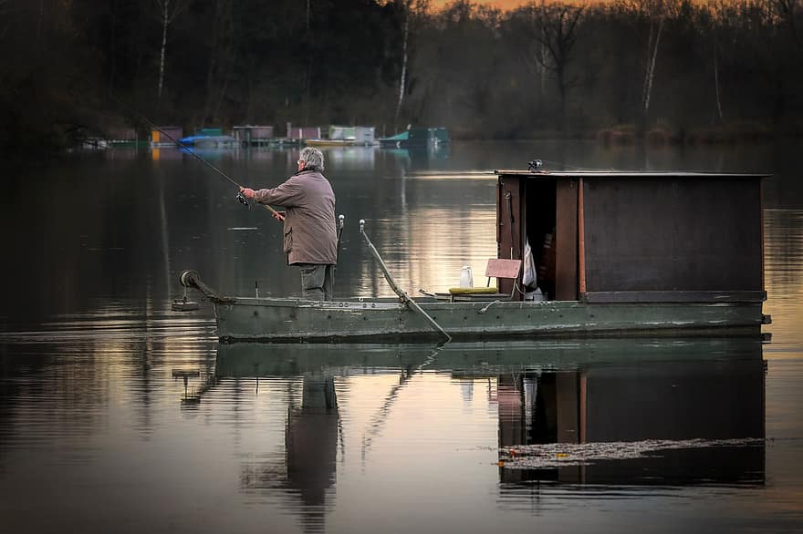 Fisherman, Boat, Lake, Fishing, Angler, Fishing Rod, Rod, Twilight, Evening, Reservoir, Reflection