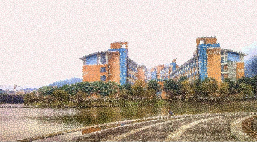 училищни сгради, Колеж Миньцзян, мозайка, снимка