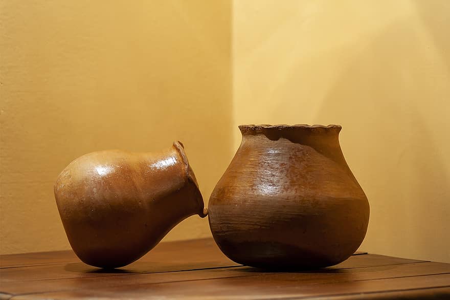cruche, argile, céramique, boue, vieux, ancien musée, table, vase, poterie, bois, pot