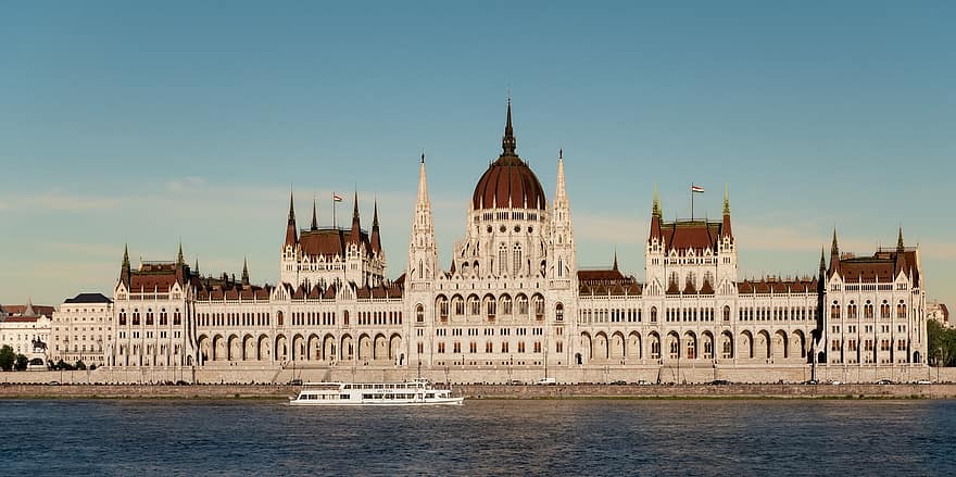 parlamento, bandera, buque de pasajeros, río, bote de rio, budapest, Danubio, símbolo del país, lugar famoso, arquitectura, edificio del Parlamento