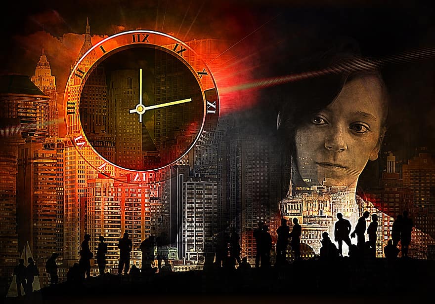 Woman, Face, Skyline, City, Silhouette, Clock, Time, Collage, Composing, Compilation, Dirty