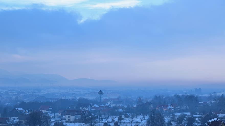 Town, Fog, Rural, Alpine, Hill, Mountains, Peak, cityscape, blue, architecture, dusk