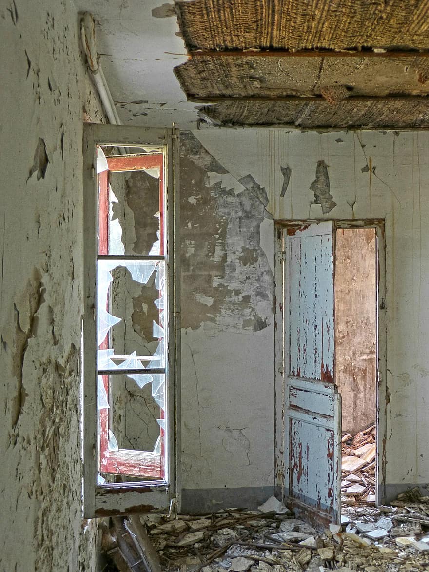 sala, abandonado, quebrado, casa, janela, ruínas
