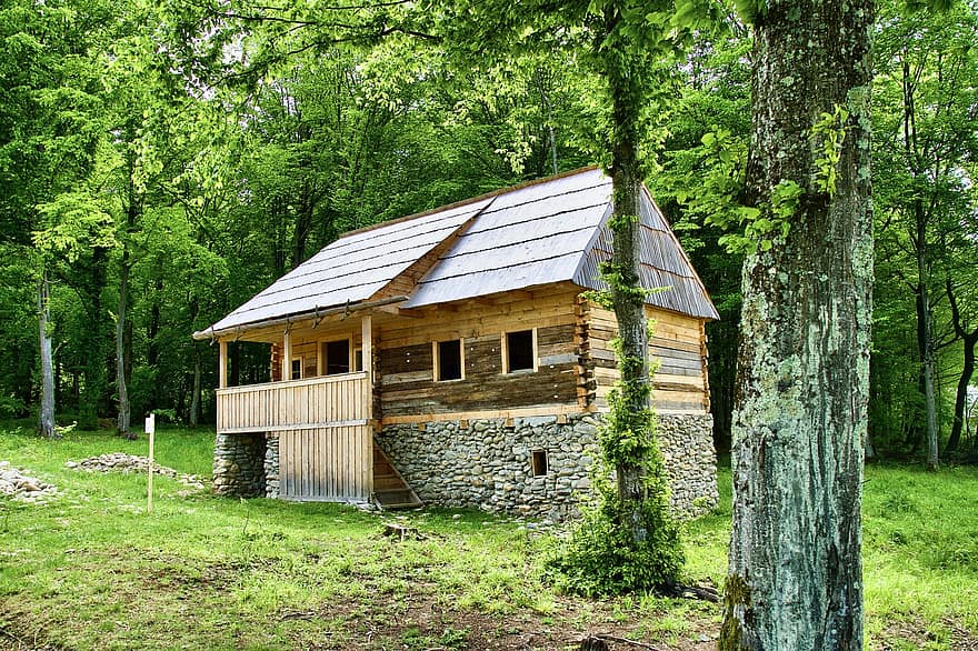 hytte i skoven, kabine, bjælkehytte, hus, hjem, træ-, træhus, bygning, facade, arkitektur, skov