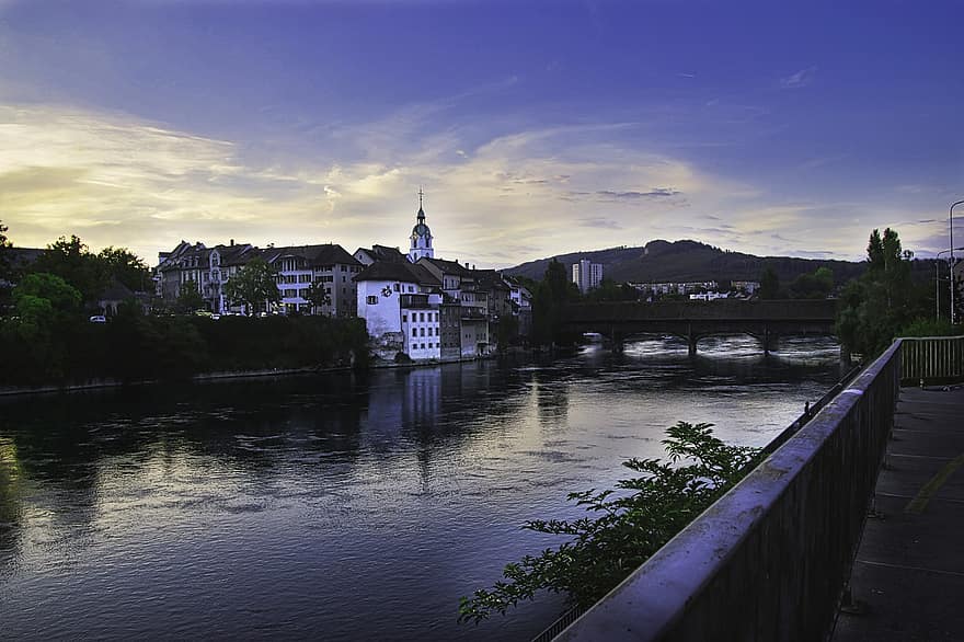 flod, træbro, bygninger, aften, afspejling, historiske centrum, Kantonen Solothurn