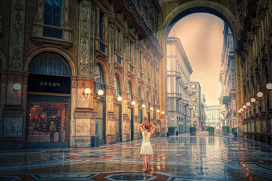Милан, жена, сгради, галерия, арка, лампи, фигура, антре, Италия, архитектура, Виторио-Емануеле