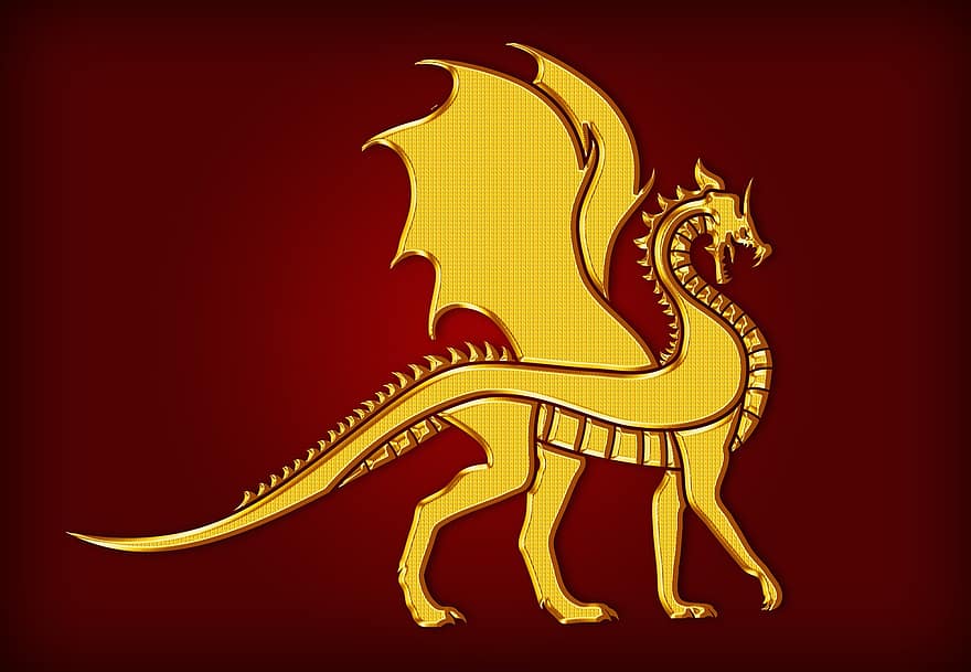 Dragon, Gold, Coat Of Arms, Heraldry, Silhouette, Illustration, Animal, Banner, Scarlet, Flag, Art