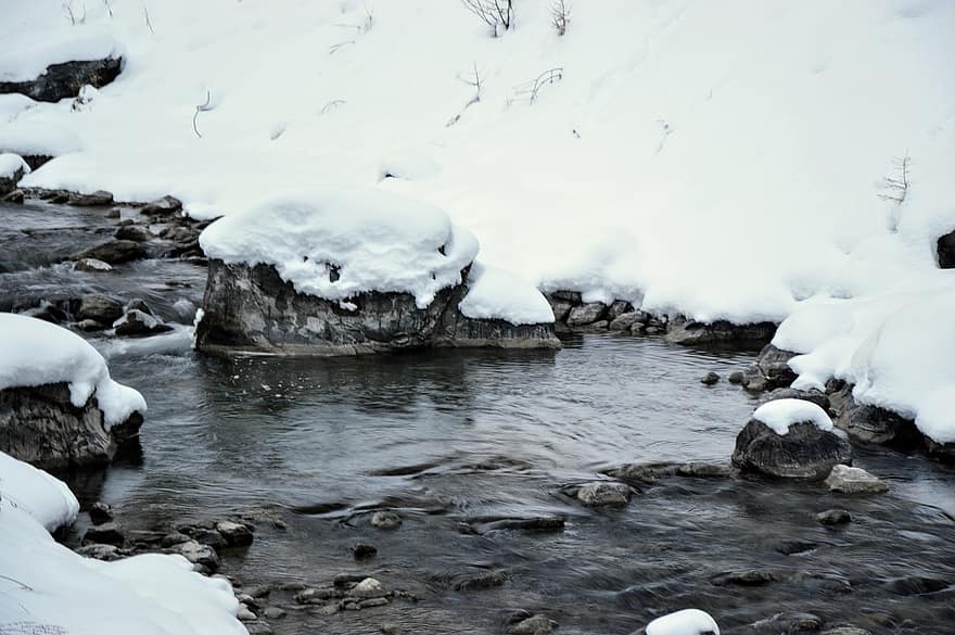 folyó, sziklák, hó, folyam, patak, víz, téli, hideg, szabadban, természet, hegylábi