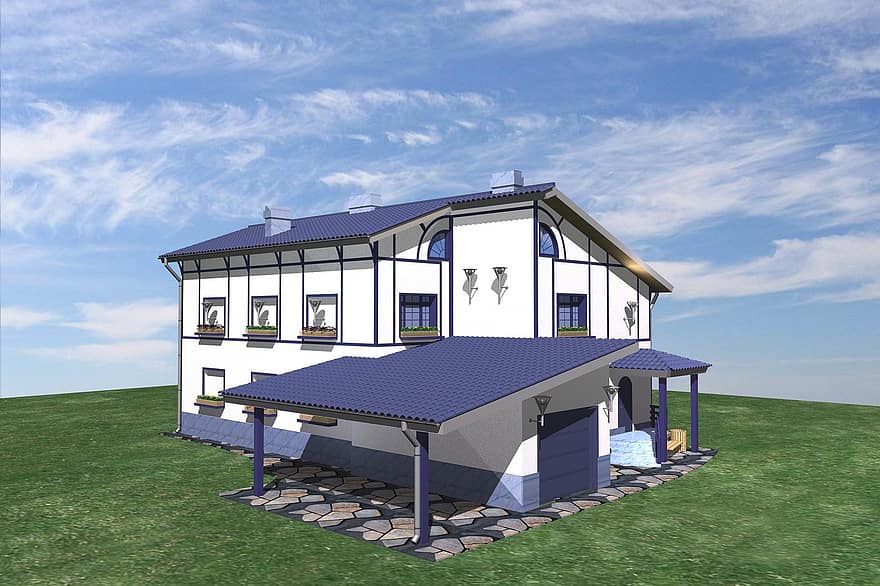 къща, къщичка, 3d, направи, дизайн, архитектура, трева, лято, син, покрив, дърво