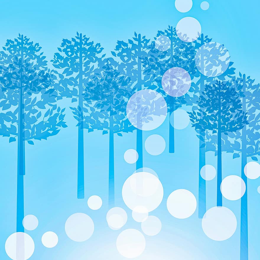 digitalt papper, skog, vinter-, bokeh, träd, snö, blå, dekorativ, träd bakgrund, tapet, bakgrund