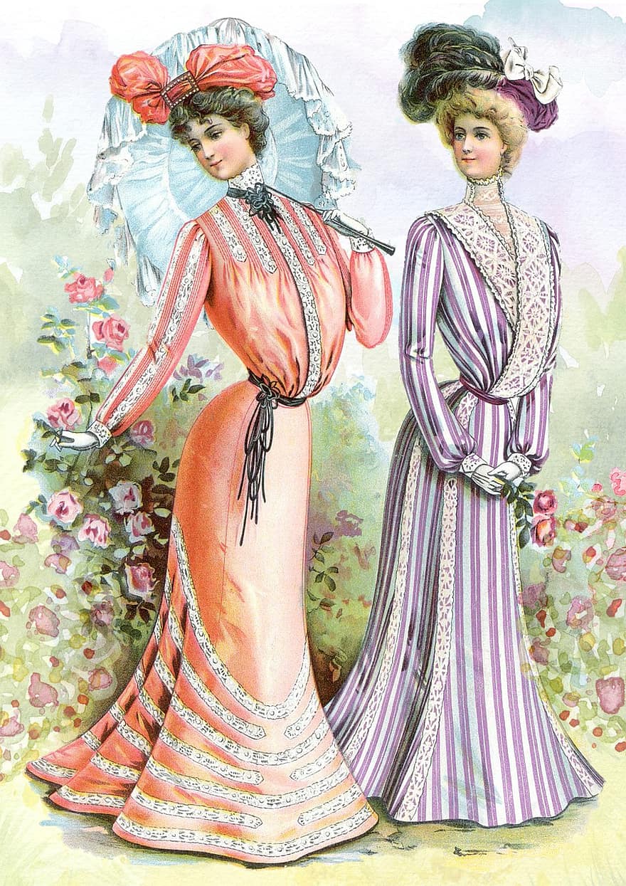 årgång, damtoalett, trädgård, 19th century, kvinna, lady, flicka, Kläder, mode, glamour, människor