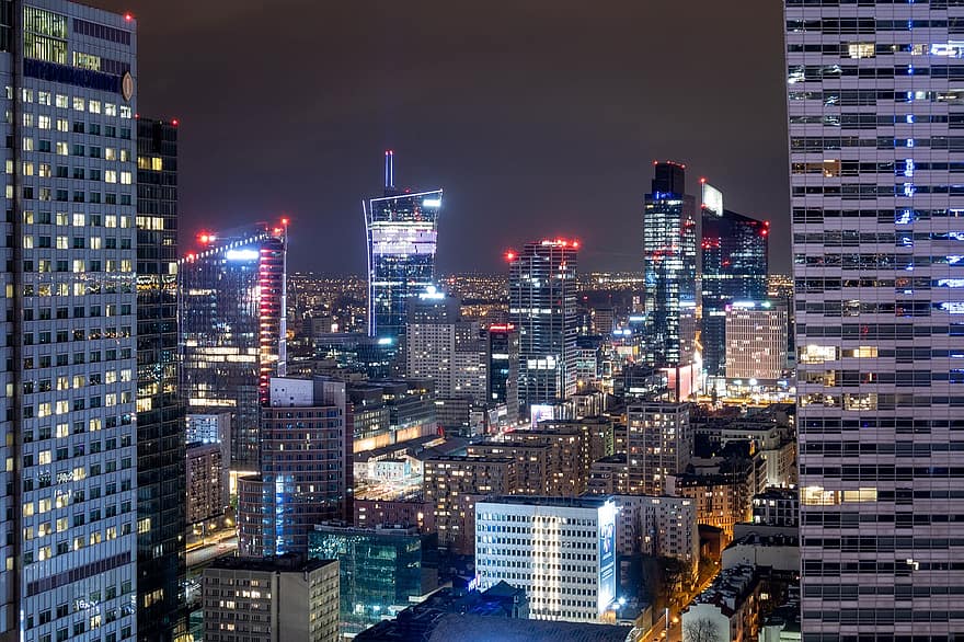 panorama, Warsaw, Lenkijoje, miestas, miesto vaizdą, dangoraižiai, bokštai, naktis, šviesos, verslą, įmonių