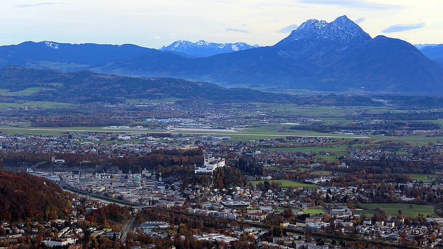 salzburg, Gaisberg, austria, panorama, by, flybilde, fjell, bybildet, landskap, fjellkjede, berømt sted