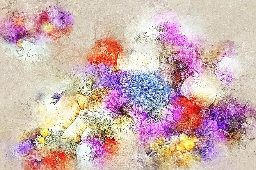 Flowers, Bouquet, Art, Abstract, Nature, Watercolor, Vintage, Colorful, Spring, Artistic, Design