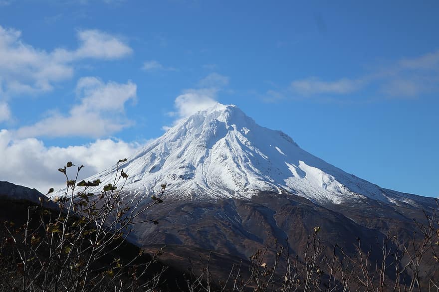 vulkán, hegy, hó, kamchatka-félsziget, Oroszország, természet