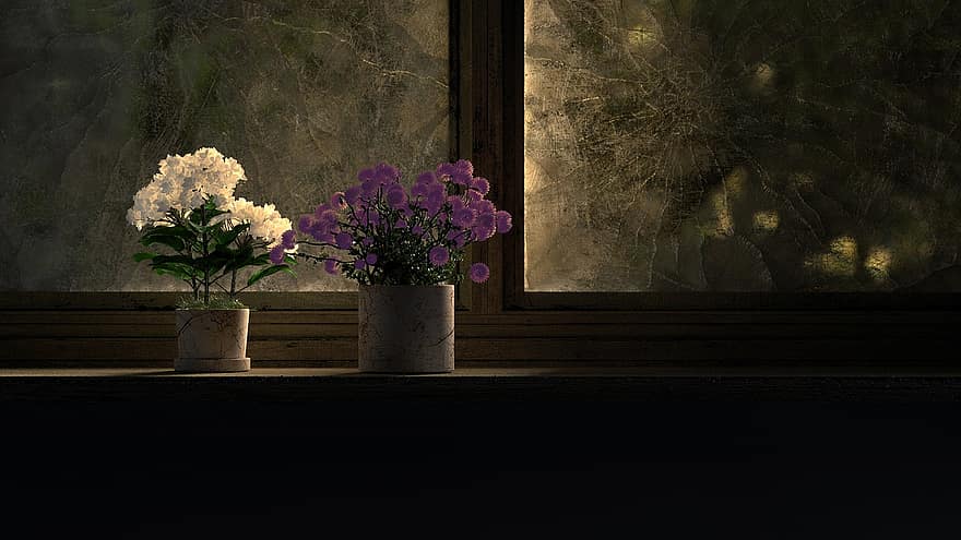 okno, květiny, hrnkové rostliny, dekorace, rostlin, váza, uvnitř, květ, domácí místnost, rostlina, dřevo