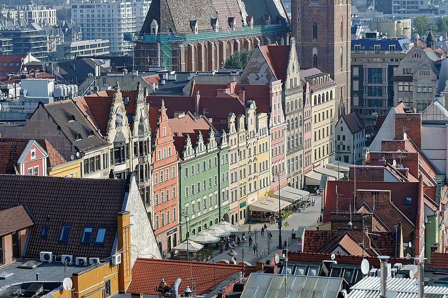 paisagem urbana, prédios, histórico, arquitetura, vista aérea, wroclaw, viagem