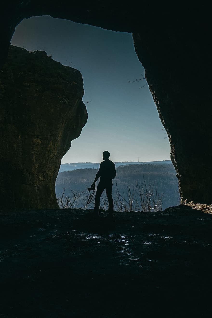 Cave, Nature, Travel, Exploration, men, silhouette, adventure, mountain, hiking, one person, cliff
