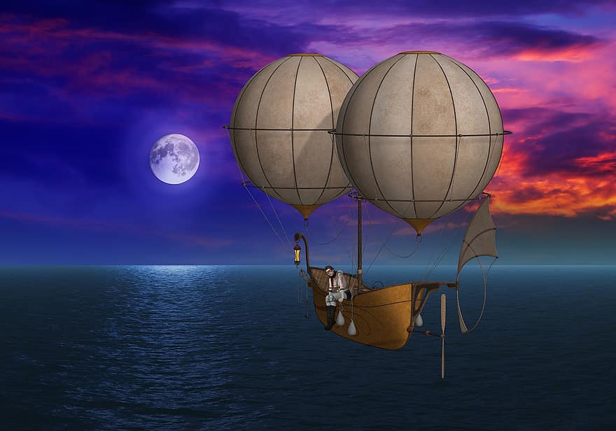 steampunk, mar, luna, noite, sonhos, voar, mosca, menina, mulher, aviador, balão de ar quente