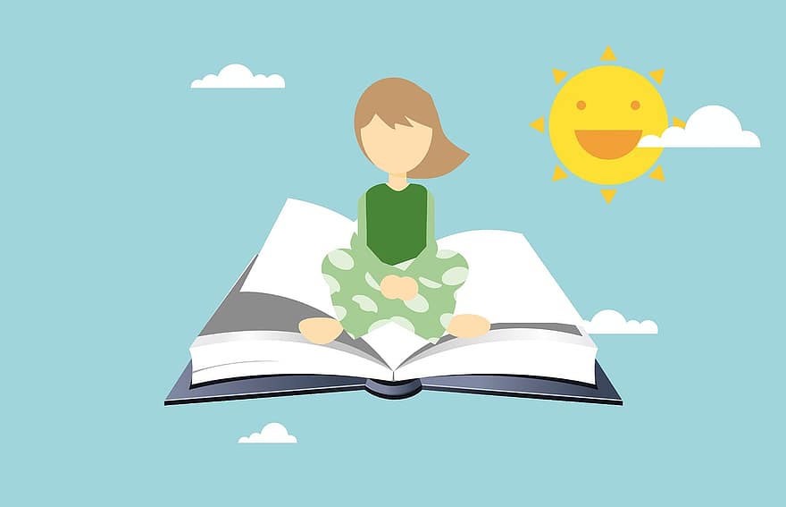 läsning, flicka, flygande, bok, Tecknad Learn, tänkande, Sol, leende, himmel, moln, fantasi